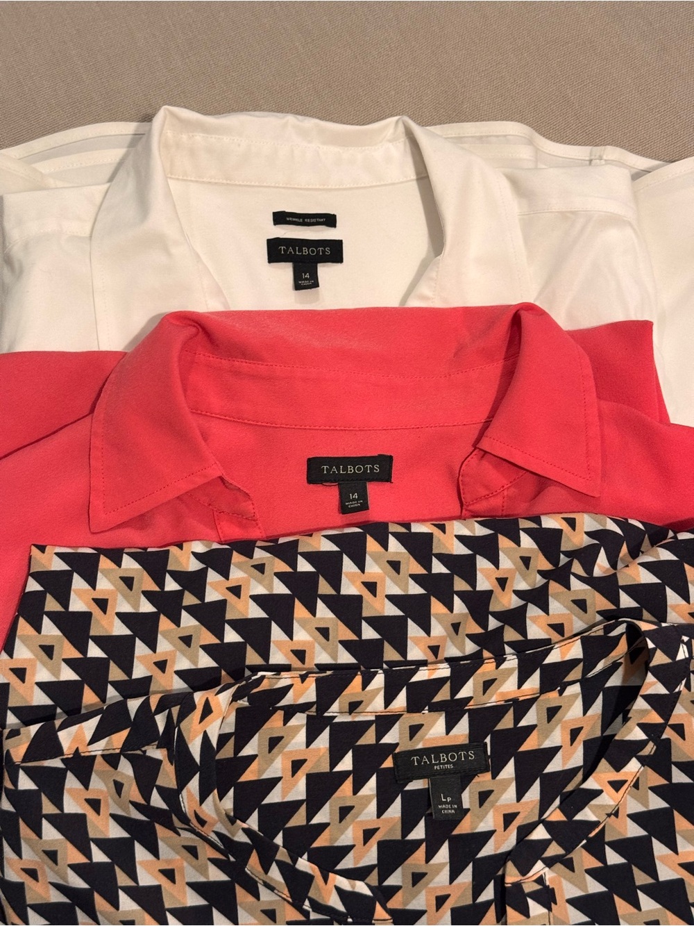 Lot of 3 Talbots Tops Blouses Size 14 & LP White Coral Geometric Print